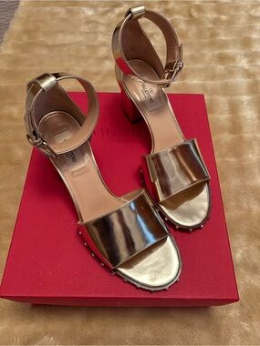 Valentino Garavani Metallic Block Heel Ankle-Strap Sandals - Size 37 1/2